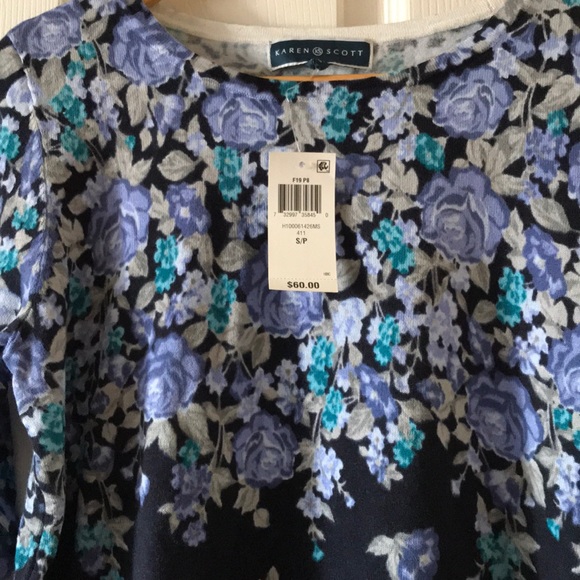 With flaw- Floral tee top sweater purple blue - Picture 2 of 6